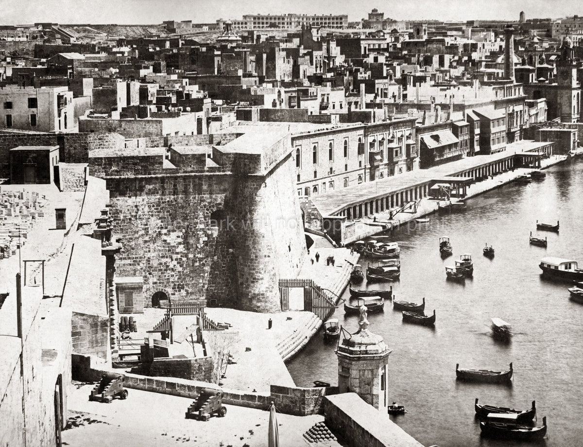 Valletta Malta Grand Harbour Waterfront Fortifications Boats Vtg. Photo 19thC.