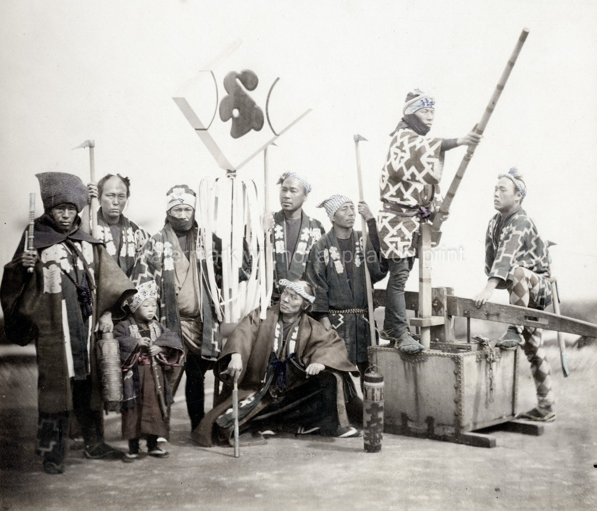 Japanese Firemen Group Standard Banner Traditional Uniforms Vtg. Photo 19thC.