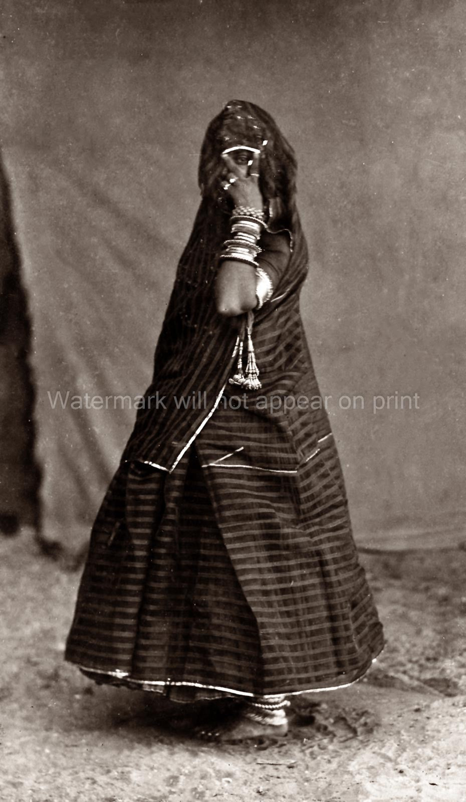 India Veiled Woman Traditional Dress Jewelry Portrait Bangles Vtg. Photo 19thC.
