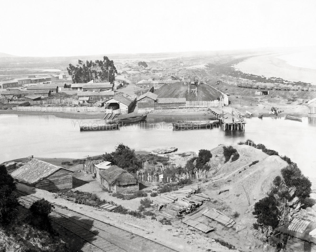 Laraquete Chile Coal Depot Railways River Village Boats Train Vtg. Photo 19thC.