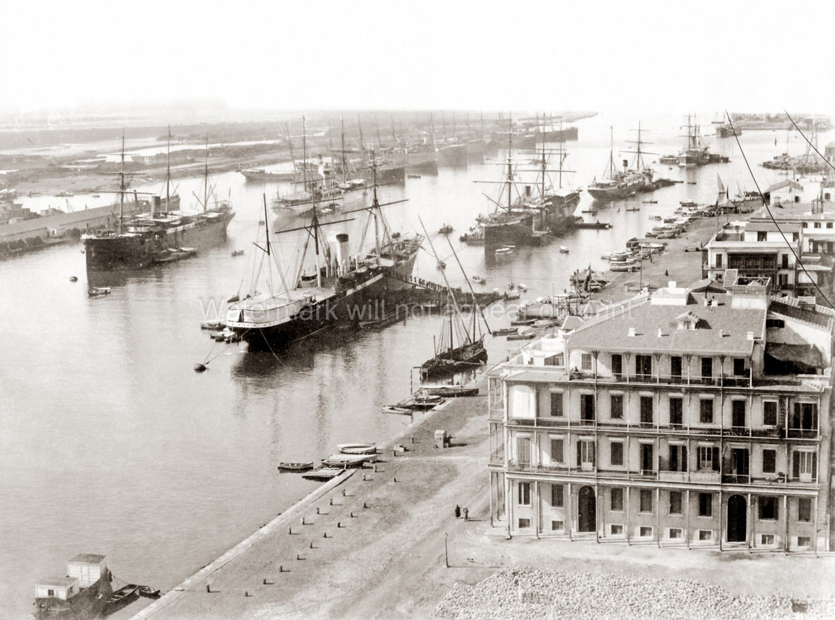 Suez Egypt Port Harbor Ships Steamships Waterfront Maritime Vtg. Photo 19thC.