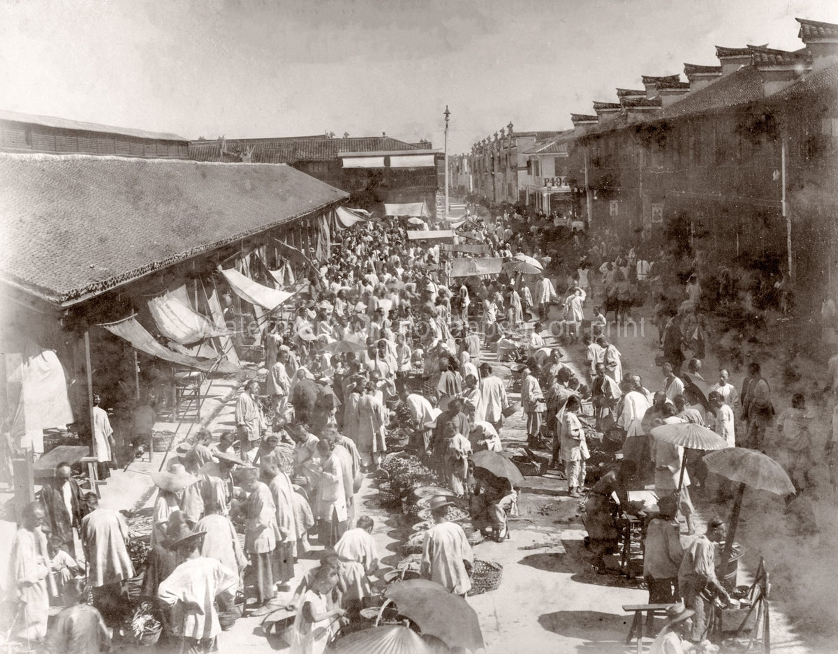 Shanghai China Street Market Scene Crowds Vendors Architecture Vtg. Photo 19thC.