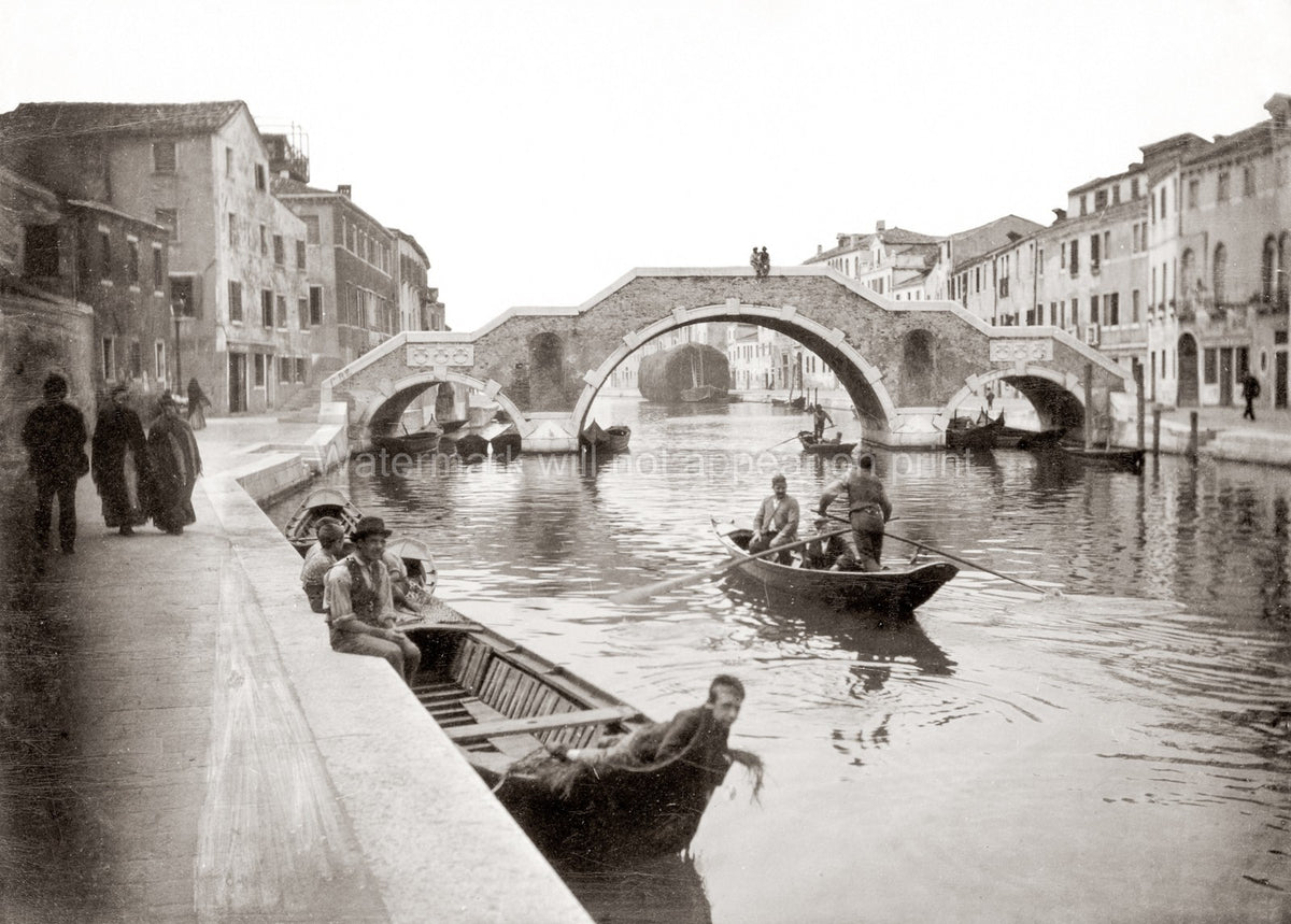 Venice San Giobbe Canal 3 Arch Bridge Gondolas Gondoliers Vtg. Photo 19thC.