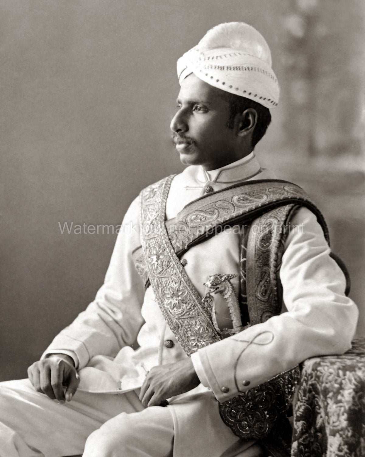 Ceylon Sri Lanka Man Turban Sash Sword Formal Attire Vtg. Photo 19thC.