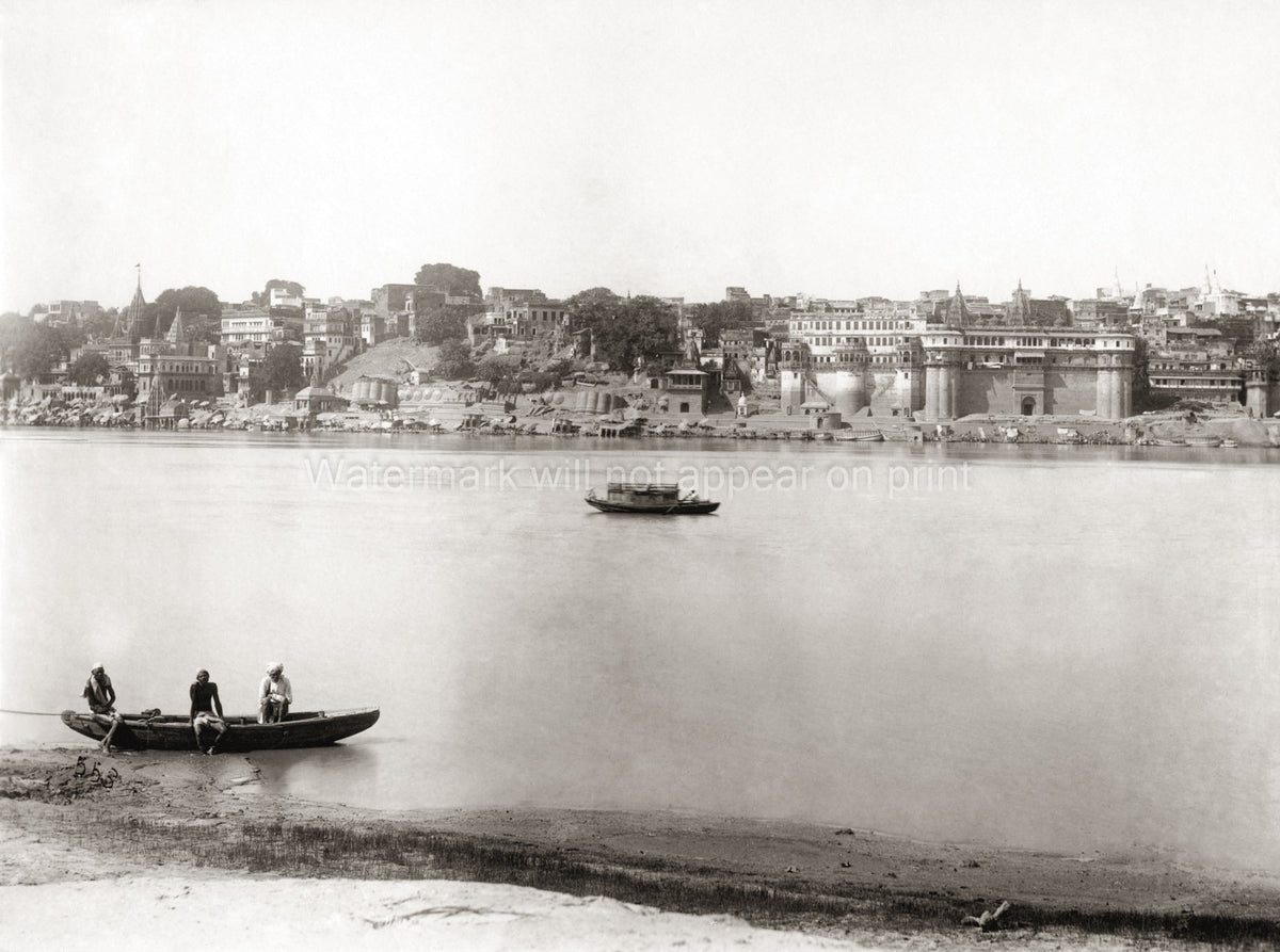 Benares Varanasi India River Ganges Waterfront Ghats Boats Vtg. Photo 19thC.