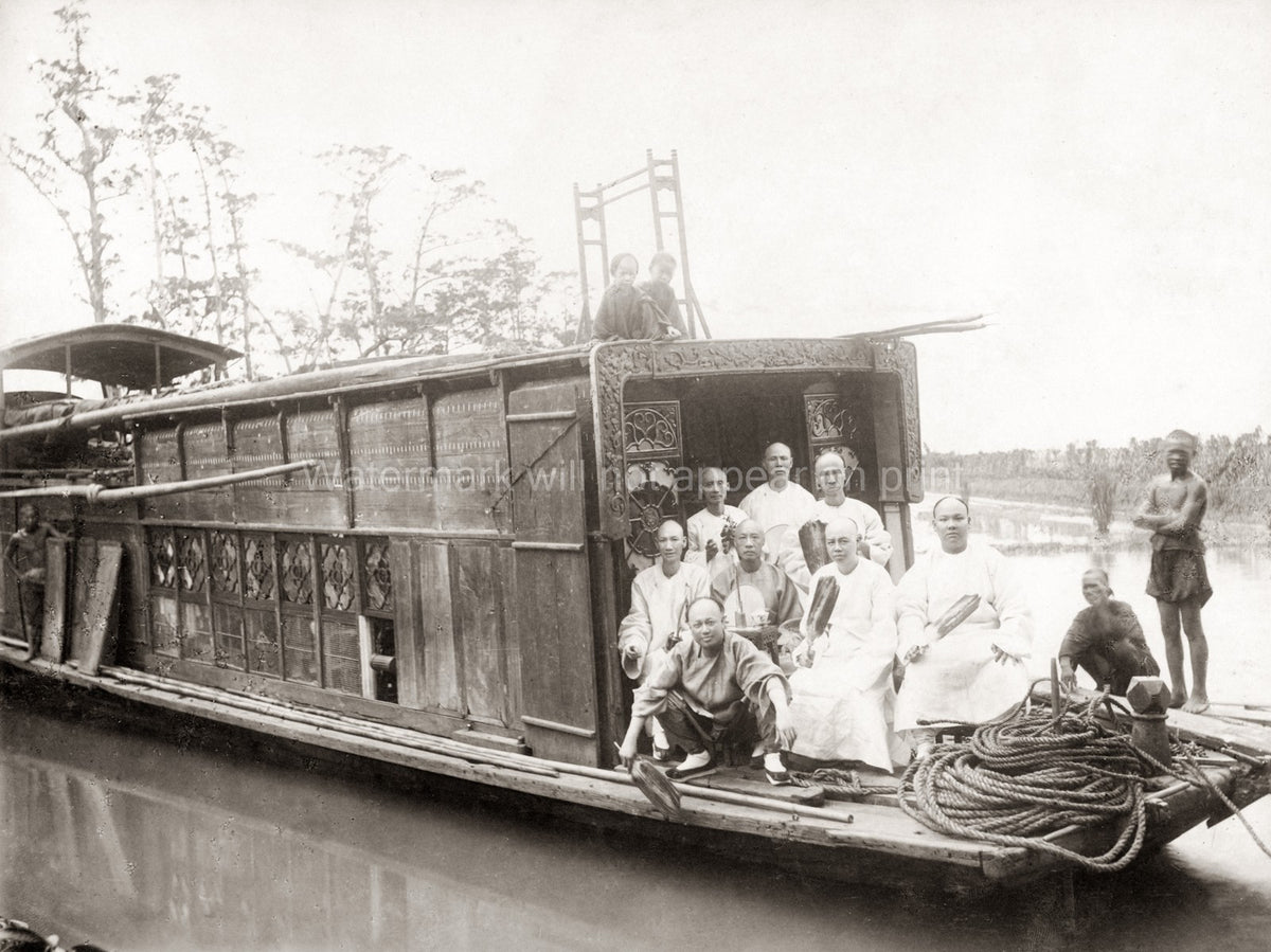 Chinese Pleasure Boat Men Group River Junk Travel China Vtg. Photo 19thC.