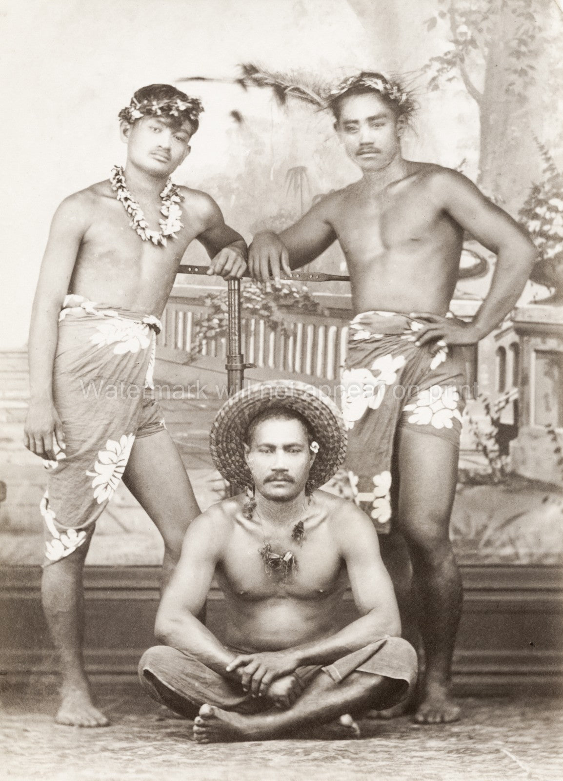 Pacific Islands Samoa Men Native Traditional Dress Portrait Vtg. Photo 19thC.