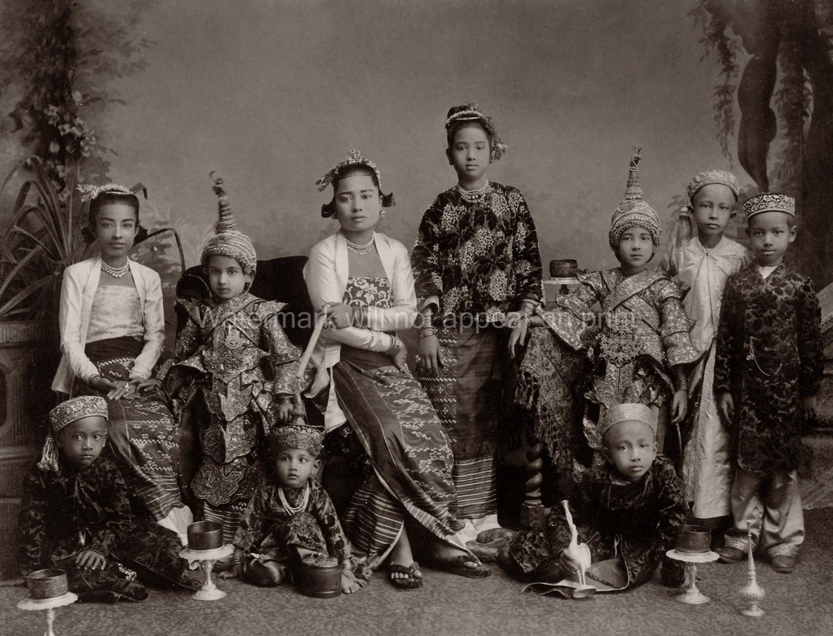 Burma Myanmar Rangoon Family Portrait Children Festival Dress Vtg. Photo 19thC.
