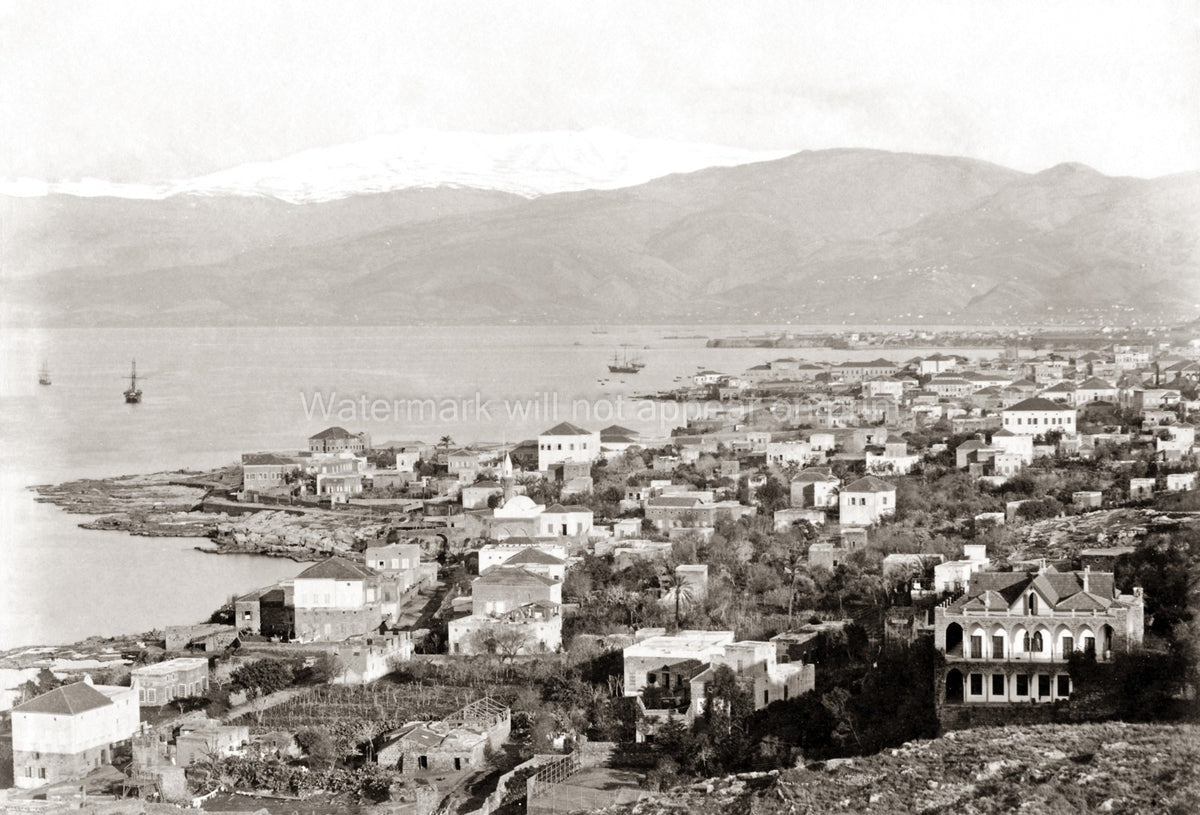 Beirut Lebanon Cityscape Seascape Harbor Ships Snowy Mountains Vtg. Photo 19thC.