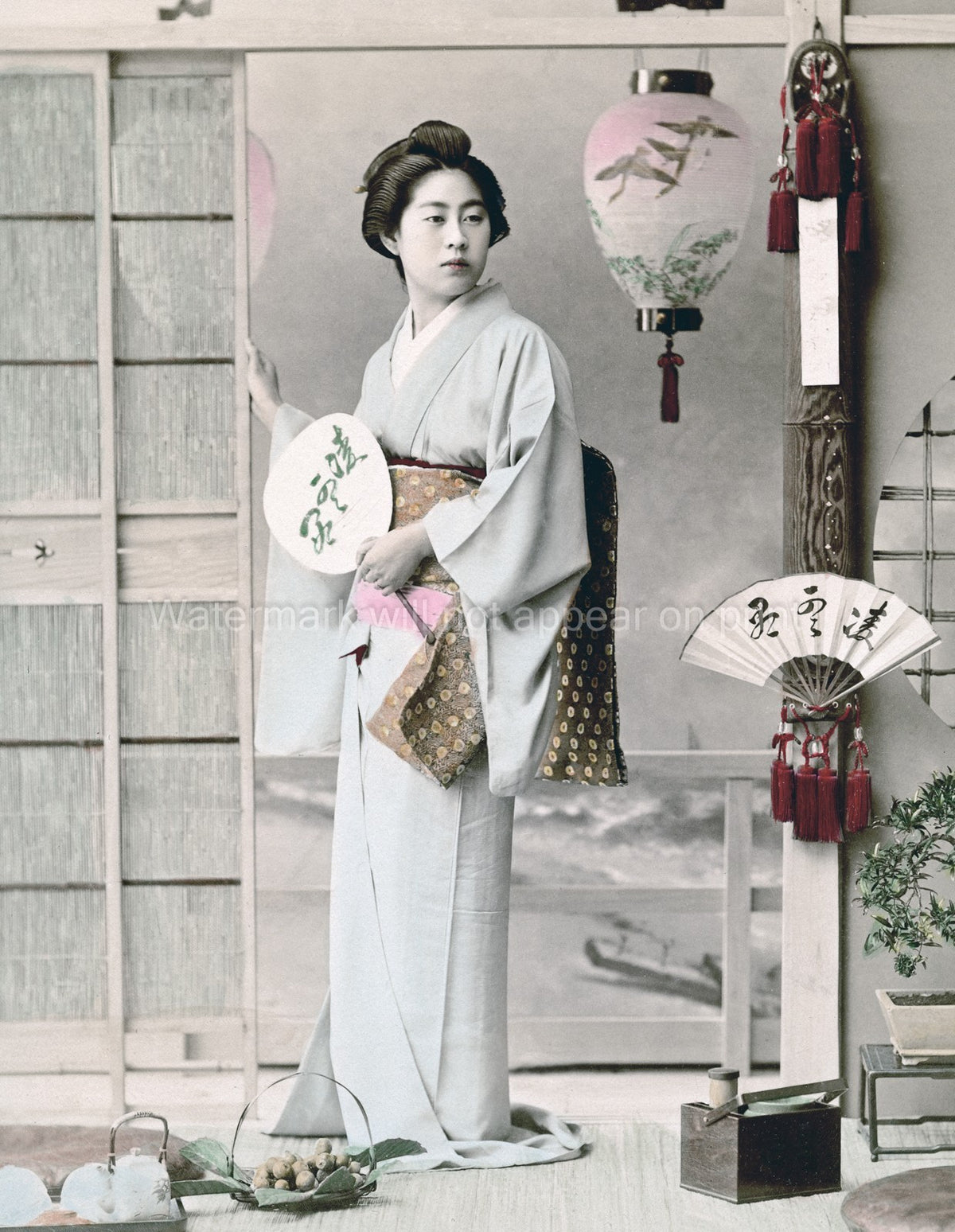Japanese Geisha Woman Kimono Fan Lantern Shoji Vtg. Photo 19thC.