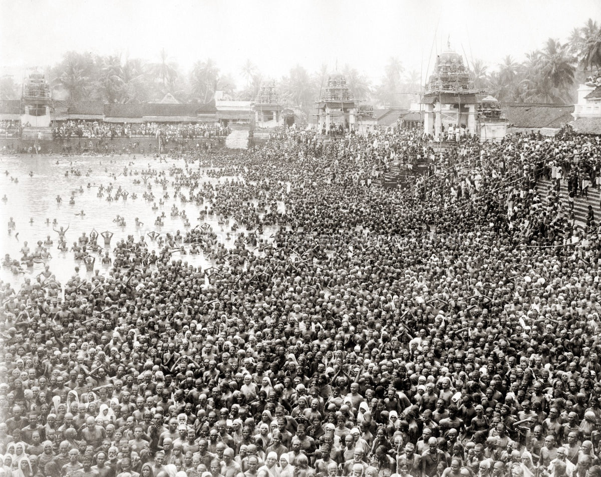 Hindu Pilgrims Bathing Ganges India Religious Festival Crowd Vtg. Photo 19thC.