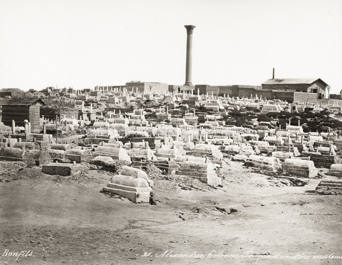Alexandria Egypt Pompey's Pillar Muslim Cemetery Column Ruins Vtg. Photo 19thC.