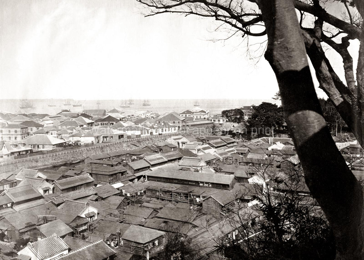 Yokohama Japan City Harbour Rooftops Seascape Ships Port Town Vtg. Photo 19thC.
