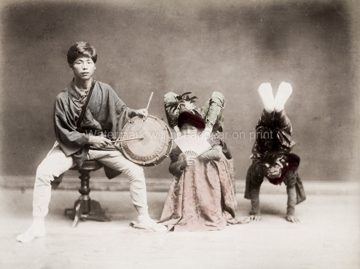 Japanese Acrobats Children Performers Drummer Musician Vtg. Photo 19thC.