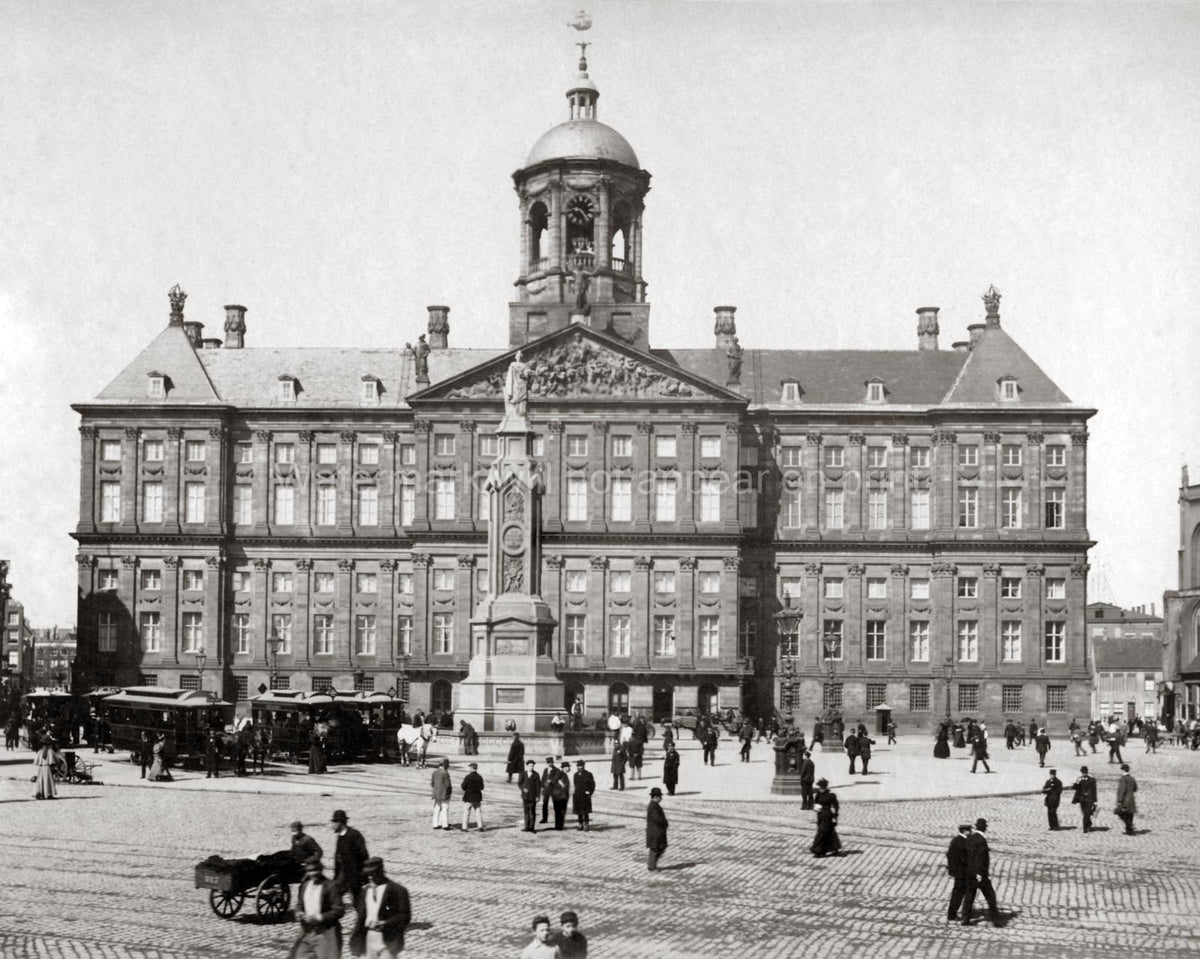 Royal Palace Amsterdam Dam Square Cityscape Trams People Vtg. Photo 19thC.