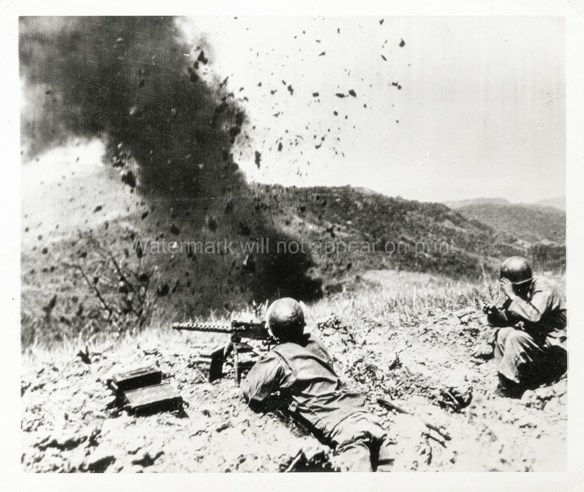 Luzon Philippines WWII Soldiers Machine Gun Explosion Combat Vtg. Photo WW2