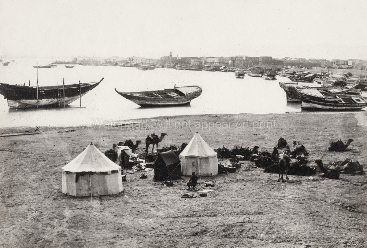 Suez Egypt Harbor Boats Dhows Tents Camels Waterfront Vtg. Photo 19thC.