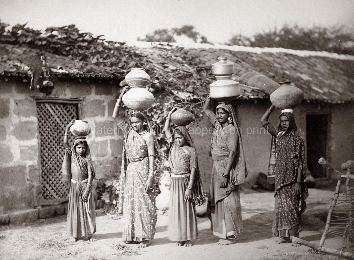 India Women Carrying Water in Pots Rural Village Life Sari Vtg. Photo 19thC.