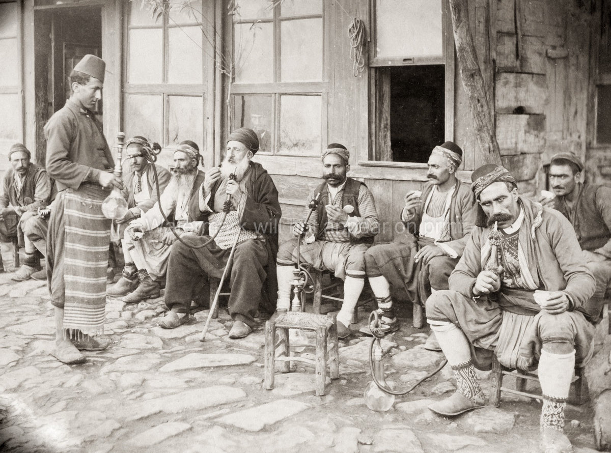 Turkish Men Smoking Hookah Pipes Cafe Traditional Dress Vtg. Photo 19thC.