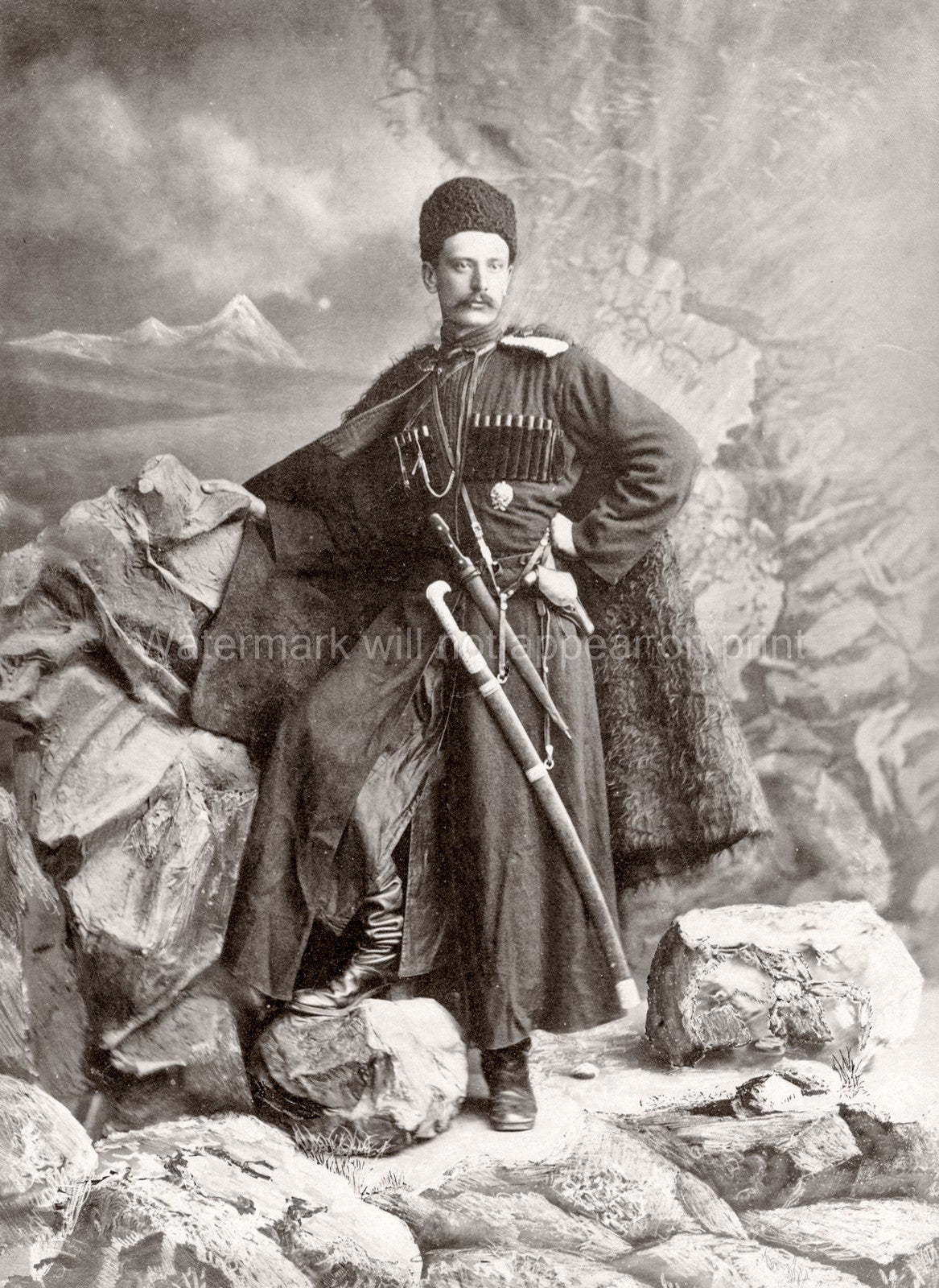 Caucasus Georgia Georgian Cossack Man Traditional Dress Sword Vtg. Photo 19thC.