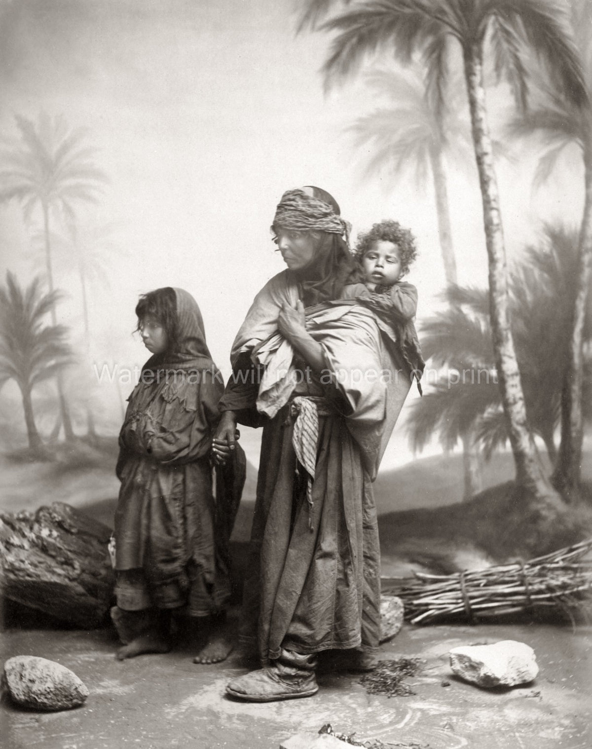 Egypt Bedouin Woman Children Mother Family Poverty Palm Trees Vtg. Photo 19thC.