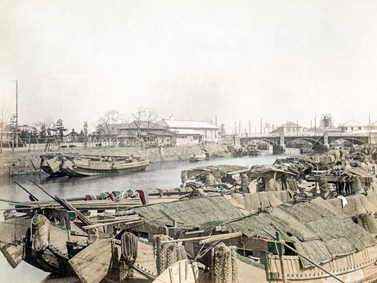 Yokohama Japan Creek Boats Canal Bridge Traditional Buildings Vtg. Photo 19thC.