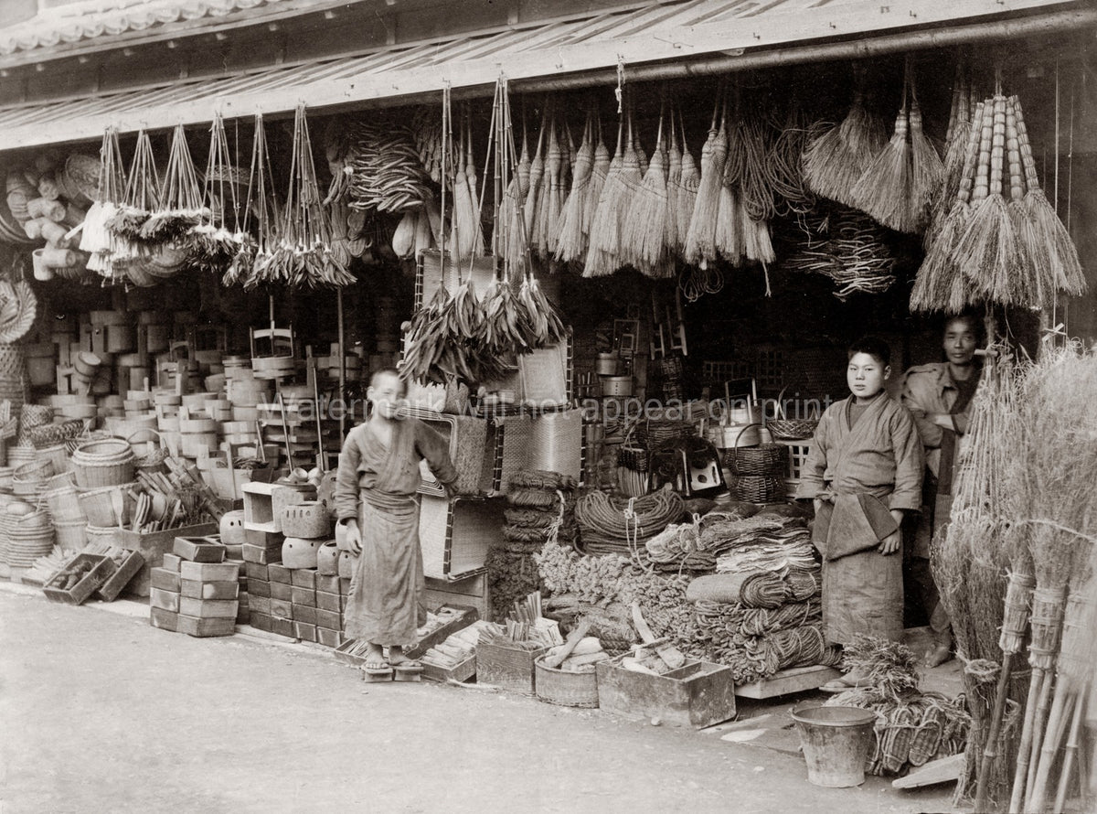 Japan Shop Selling Brooms Baskets Rope Merchants Storefront Vtg. Photo 19thC.