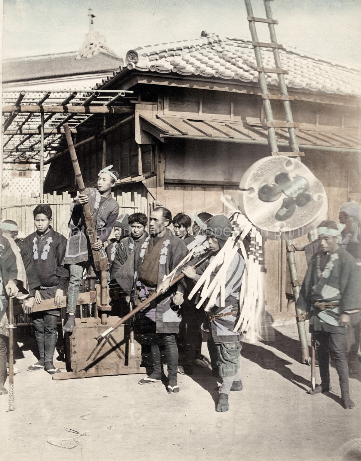 Japanese Firemen Banner Matoi Uniforms Ladder Group Japan Vtg. Photo 19thC.