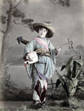 Japan Smiling Street Singer Woman Kimono Musician Shamisen Vtg. Photo 19thC.