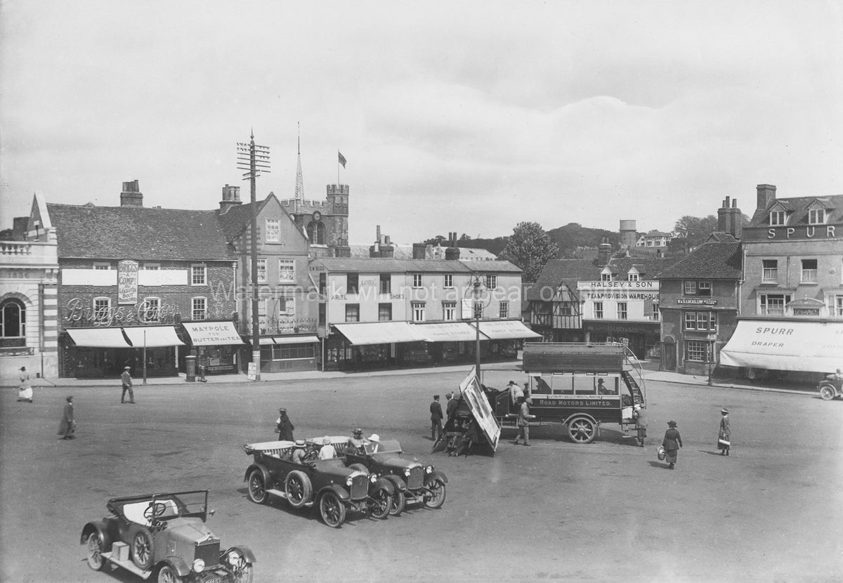 Hitchin Market Place Spurr Halsey & Son Shops Cars Bus Vtg. Photo 19thC.