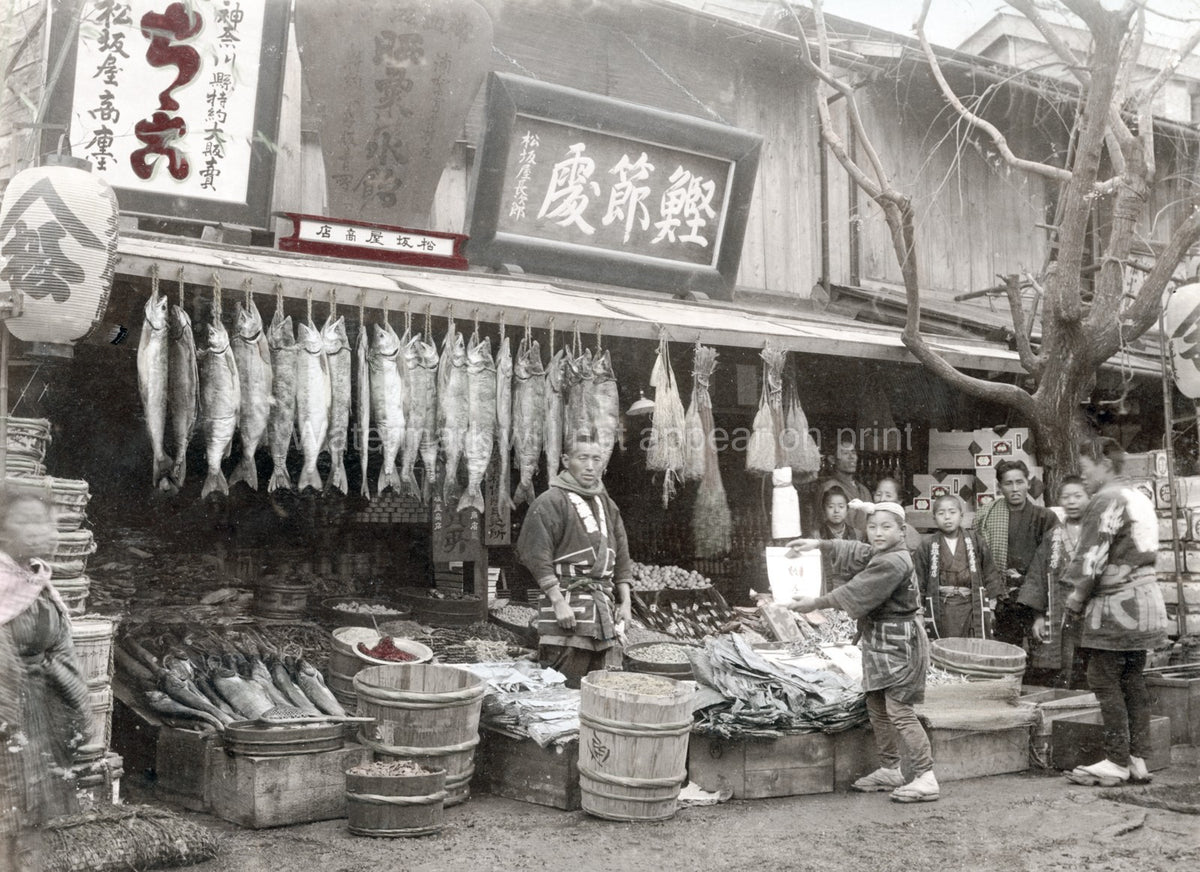 Japan Fish Stall Market Shop Merchants Salmon Street Scene Vtg. Photo 19thC.