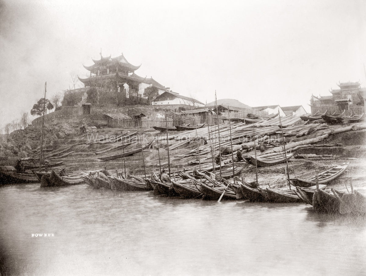 Hankow Wuhan China Yangtze River Boats Pagoda Temple Sampans Vtg. Photo 19thC.