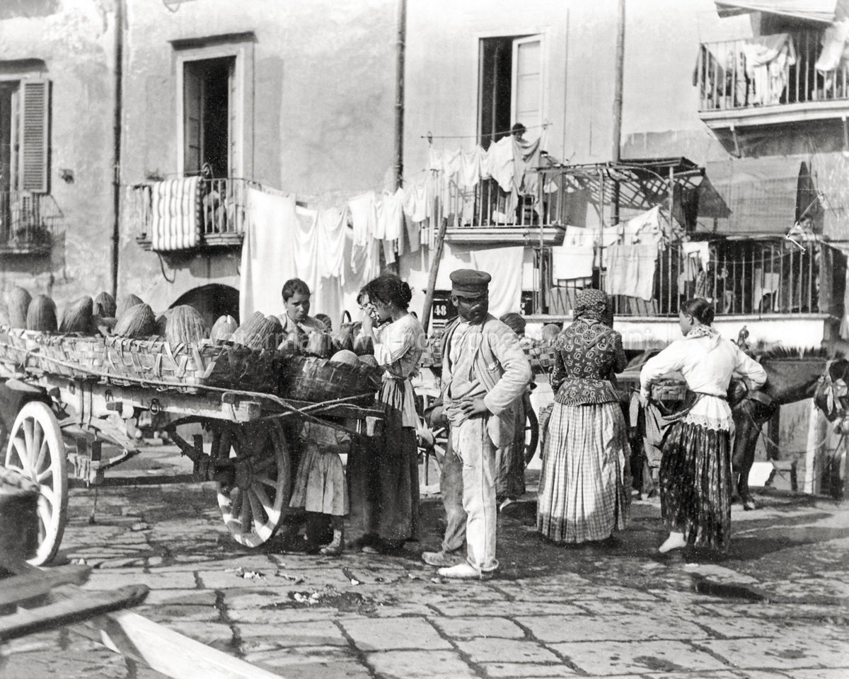 Naples Italy Street Scene Fruit Seller Market Cart People Vtg. Photo 19thC.