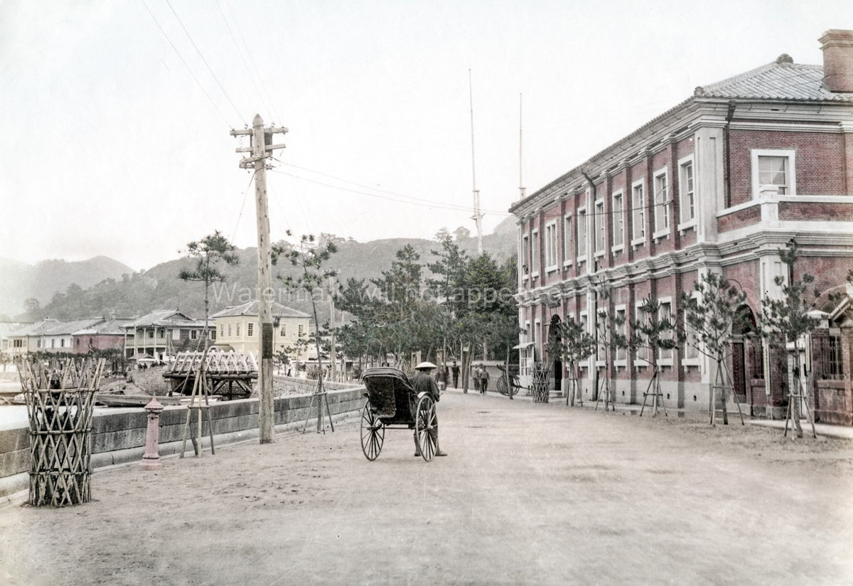Nagasaki Japan Post Office Rickshaw Street Scene Architecture Vtg. Photo 19thC.