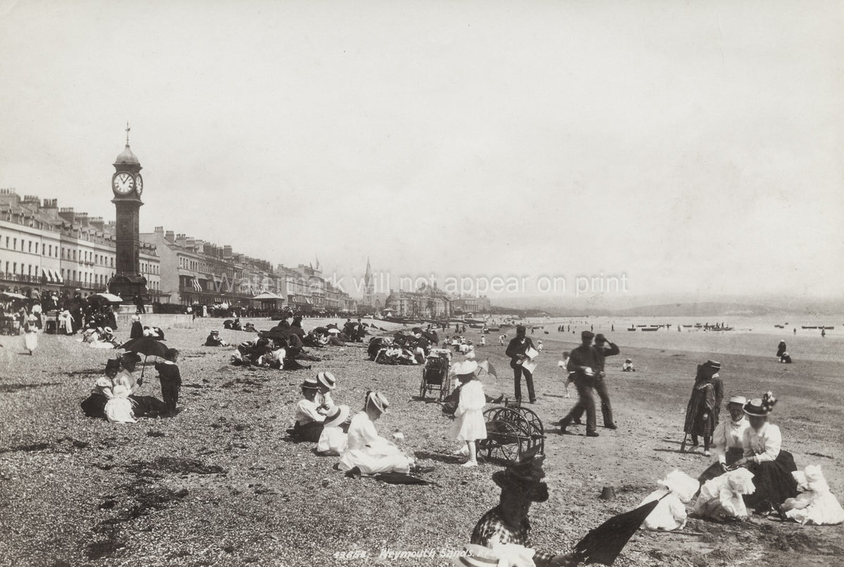 Weymouth Sands Dorset Beach Scene Clock Tower Holidaymakers Vtg. Photo 19thC.