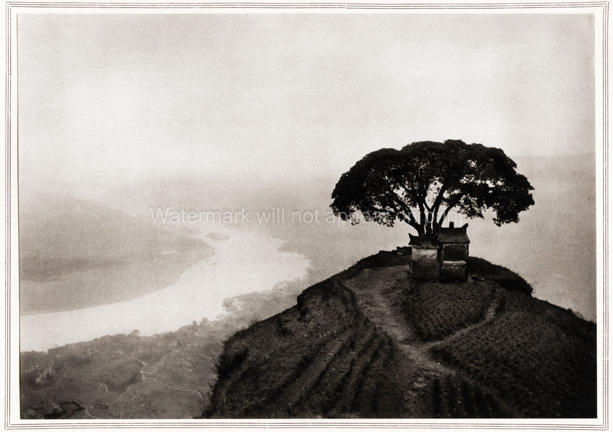 China Vale Wan Misty Hilltop Shrine Tree River Landscape Vtg. Photo 20thC.