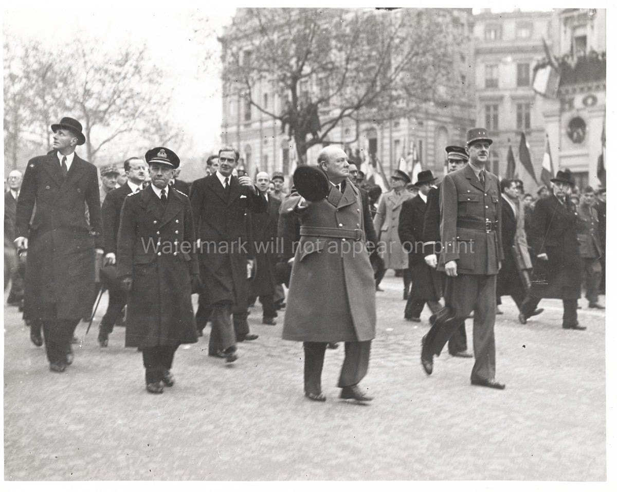 Winston Churchill Charles De Gaulle Paris Parade Leaders WWII Vtg. Photo WW2