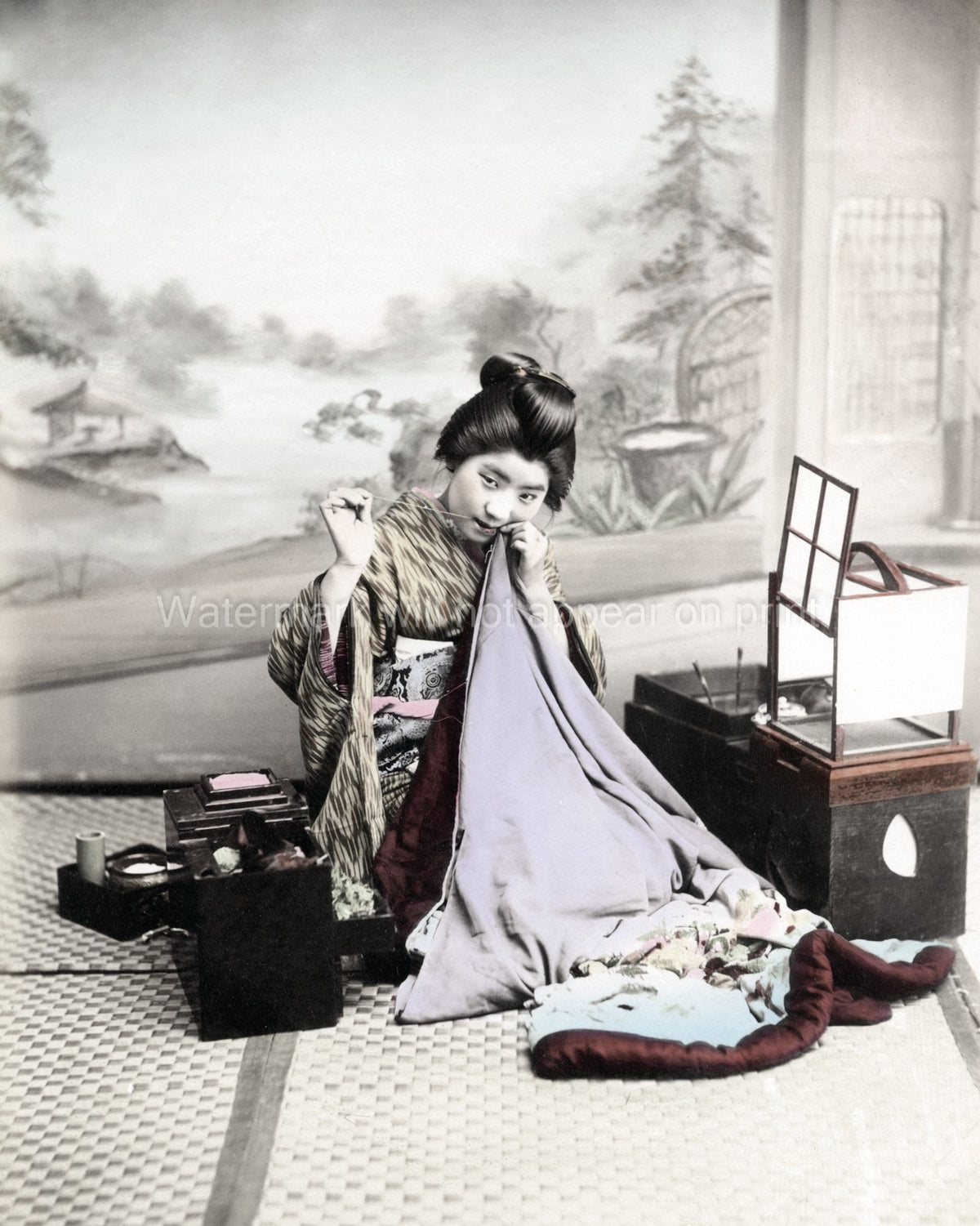 Japanese Geisha Sewing Kimono Traditional Interior Portrait Vtg. Photo 19thC.