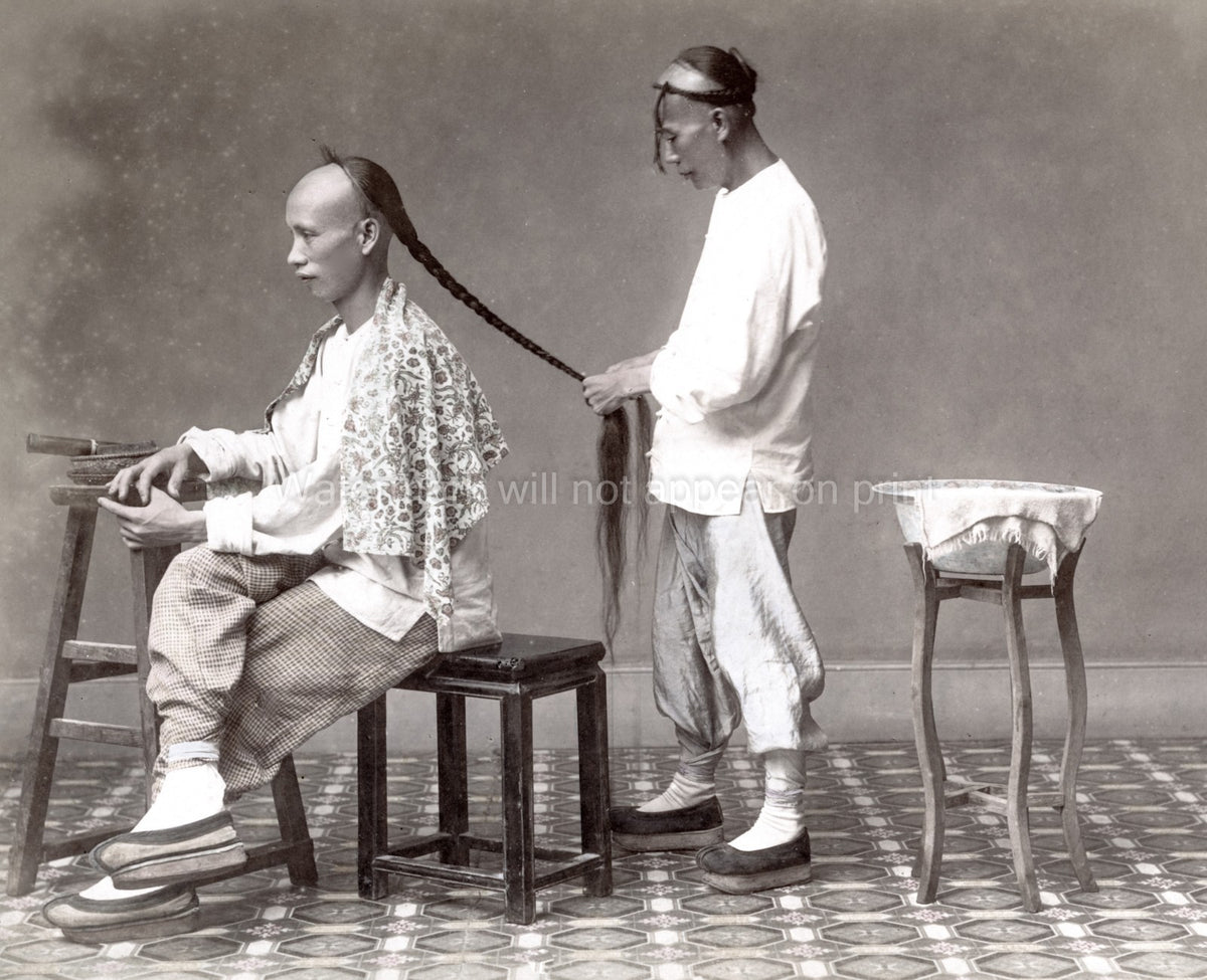 Chinese Man Getting Ponytail Queue Plaited Barber Hairstyle Vtg. Photo 19thC.