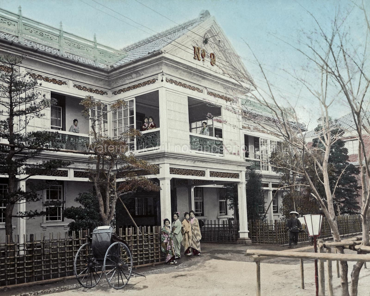 Yokohama Japan Brothel No. 9 Women in Kimono Architecture Vtg. Photo 19thC.