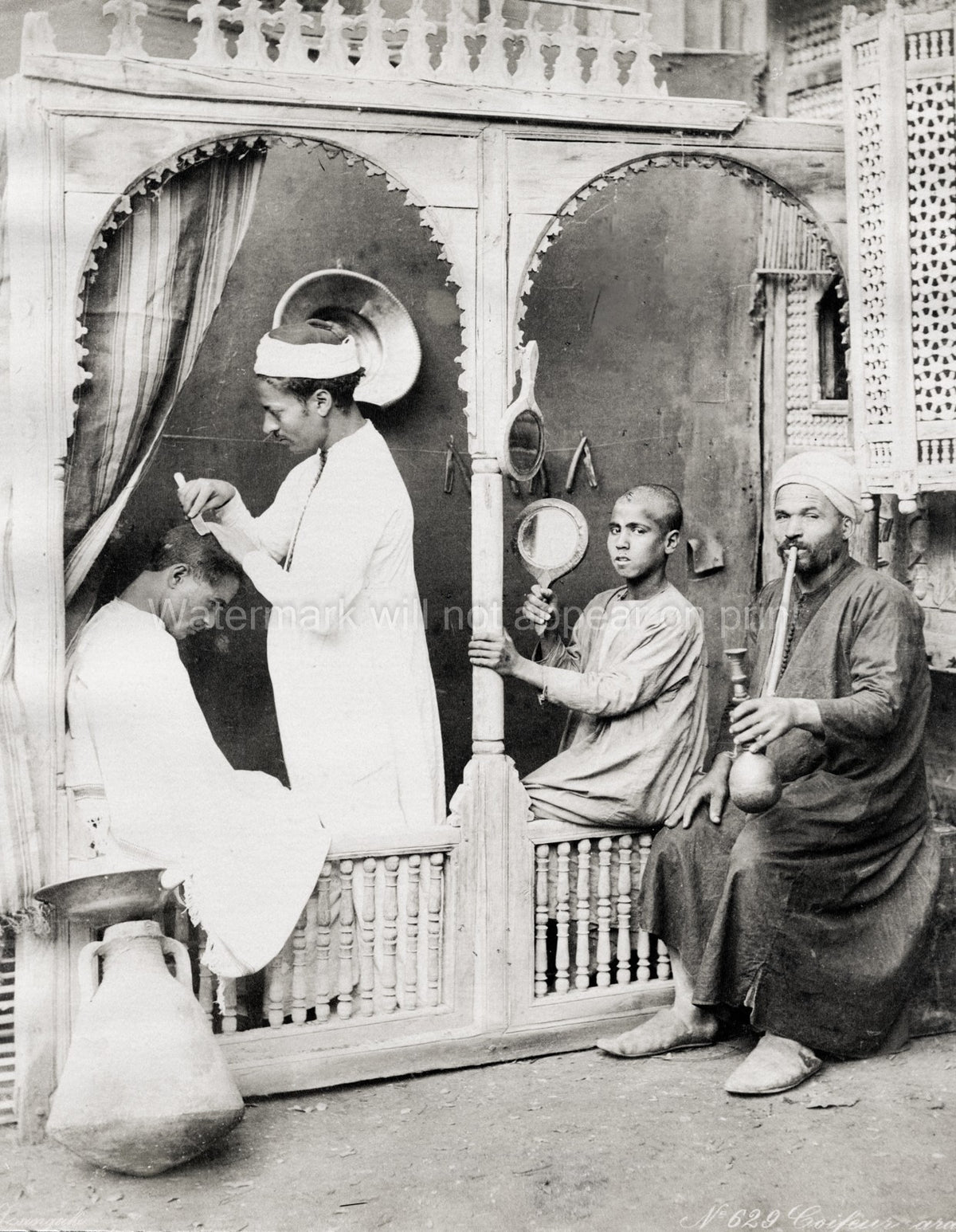 Egyptian Barber Work Shaving Man Hookah Pipe Mirror Studio Vtg. Photo 19thC.