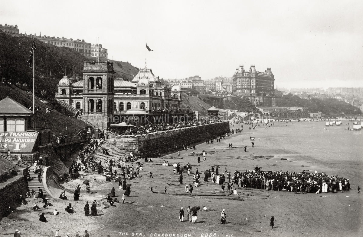 Scarborough Spa Seafront Beach Crowds Grand Hotel Yorkshire Vtg. Photo 19thC.