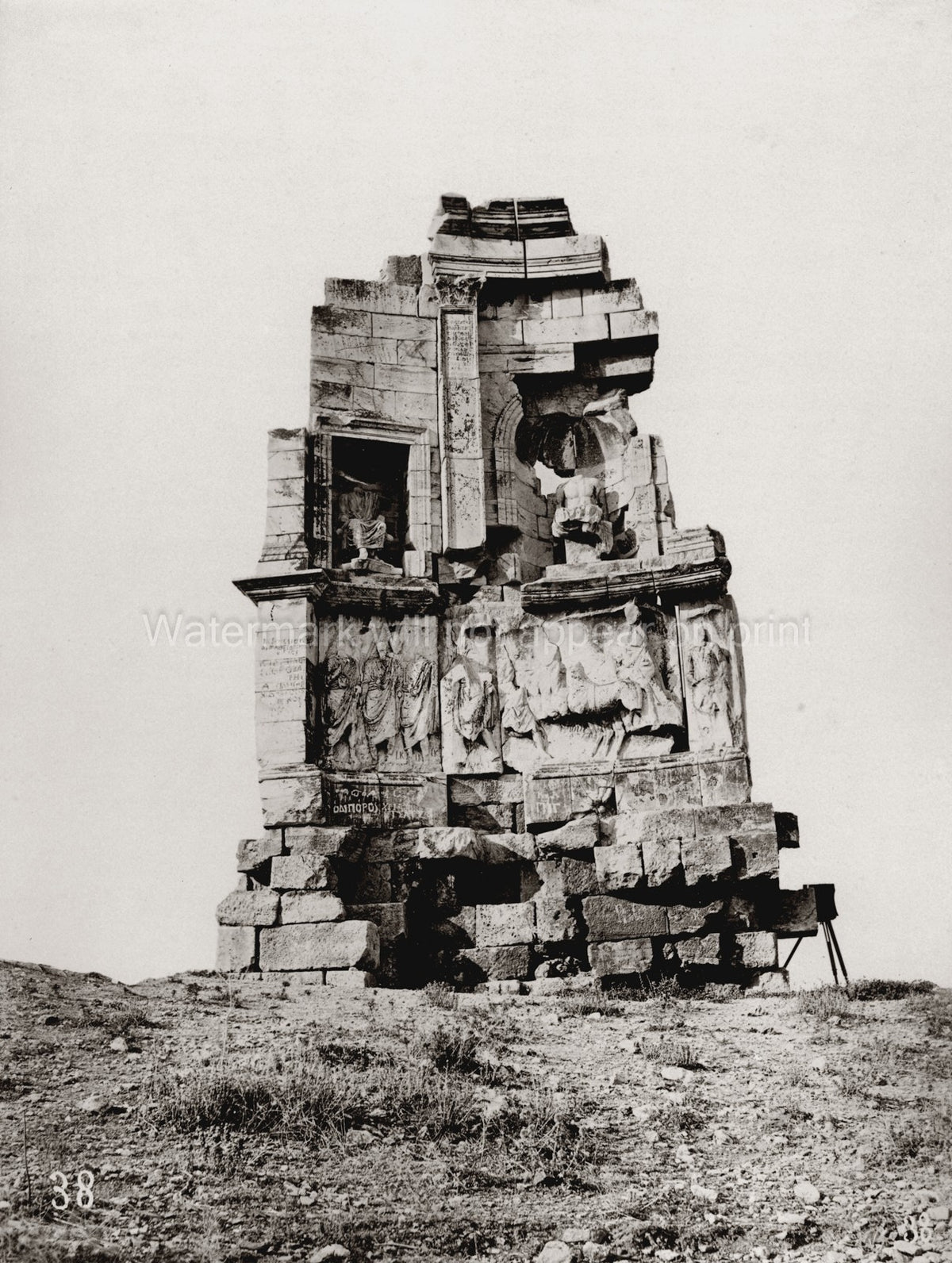 Athens Greece Monument Philopappos Ancient Ruins Sculpture Vtg. Photo 19thC.