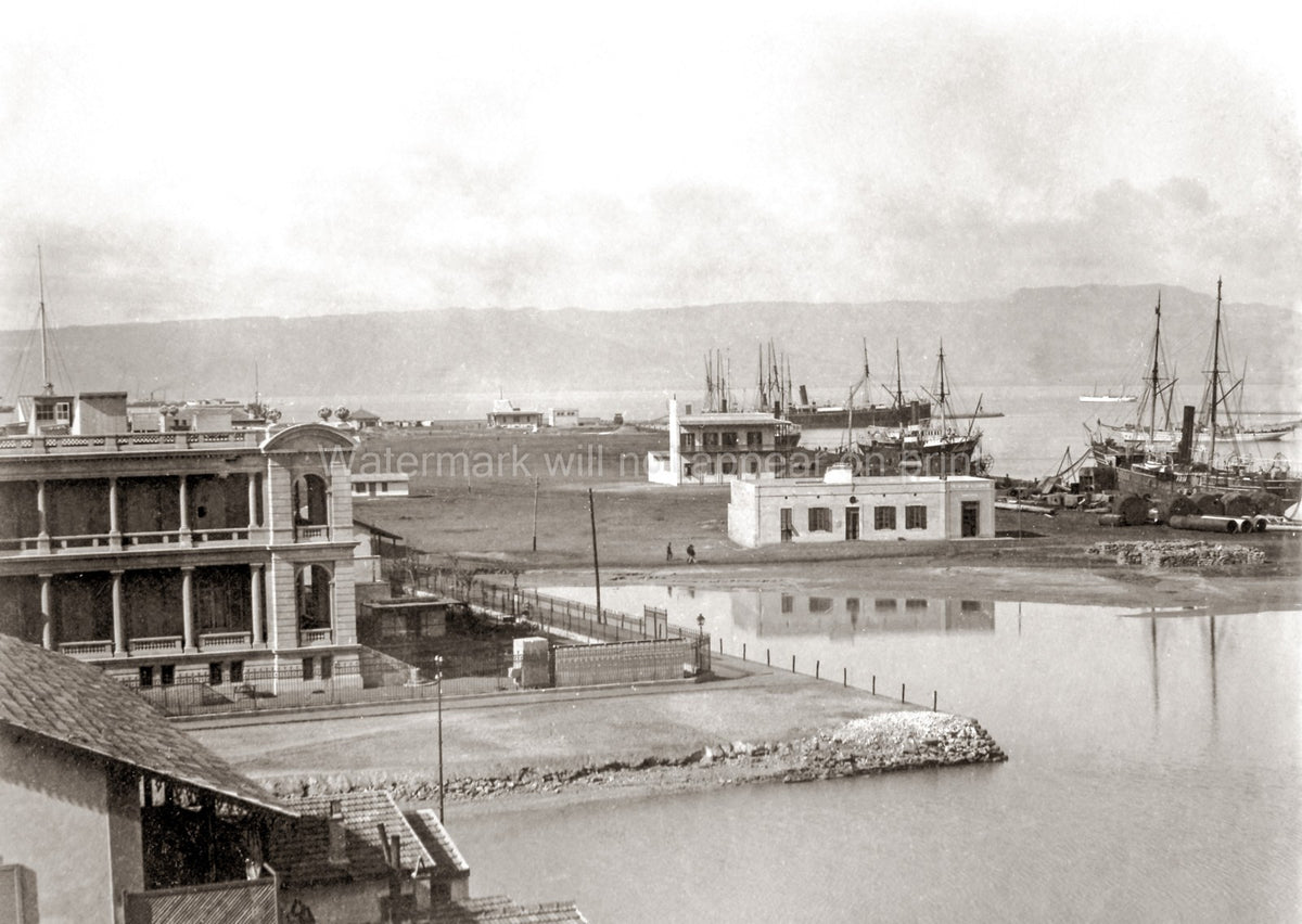 Port Suez Egypt Harbor Ships Waterfront Docks Architecture Vtg. Photo 19thC.
