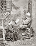 Egypt Religious Teacher Student Reading Scholar Turbans Vtg. Photo 19thC.