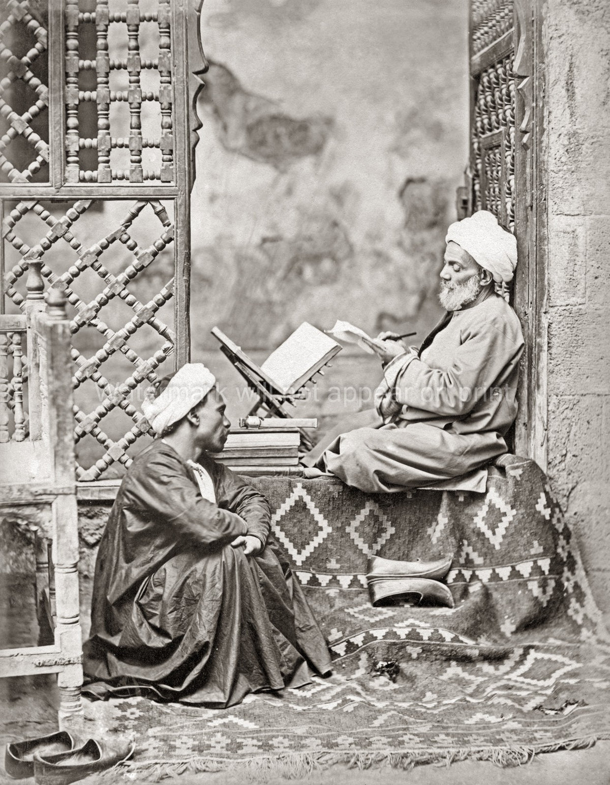 Egypt Religious Teacher Student Reading Scholar Turbans Vtg. Photo 19thC.