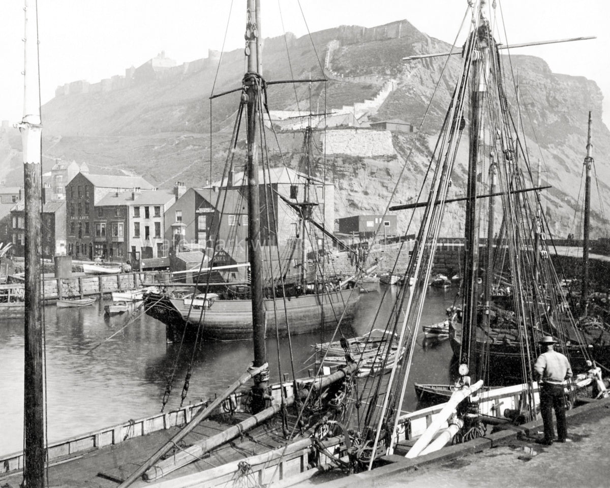 Scarborough Harbour England Ships Sailing Docks Castle Cliffs Vtg. Photo 19thC.