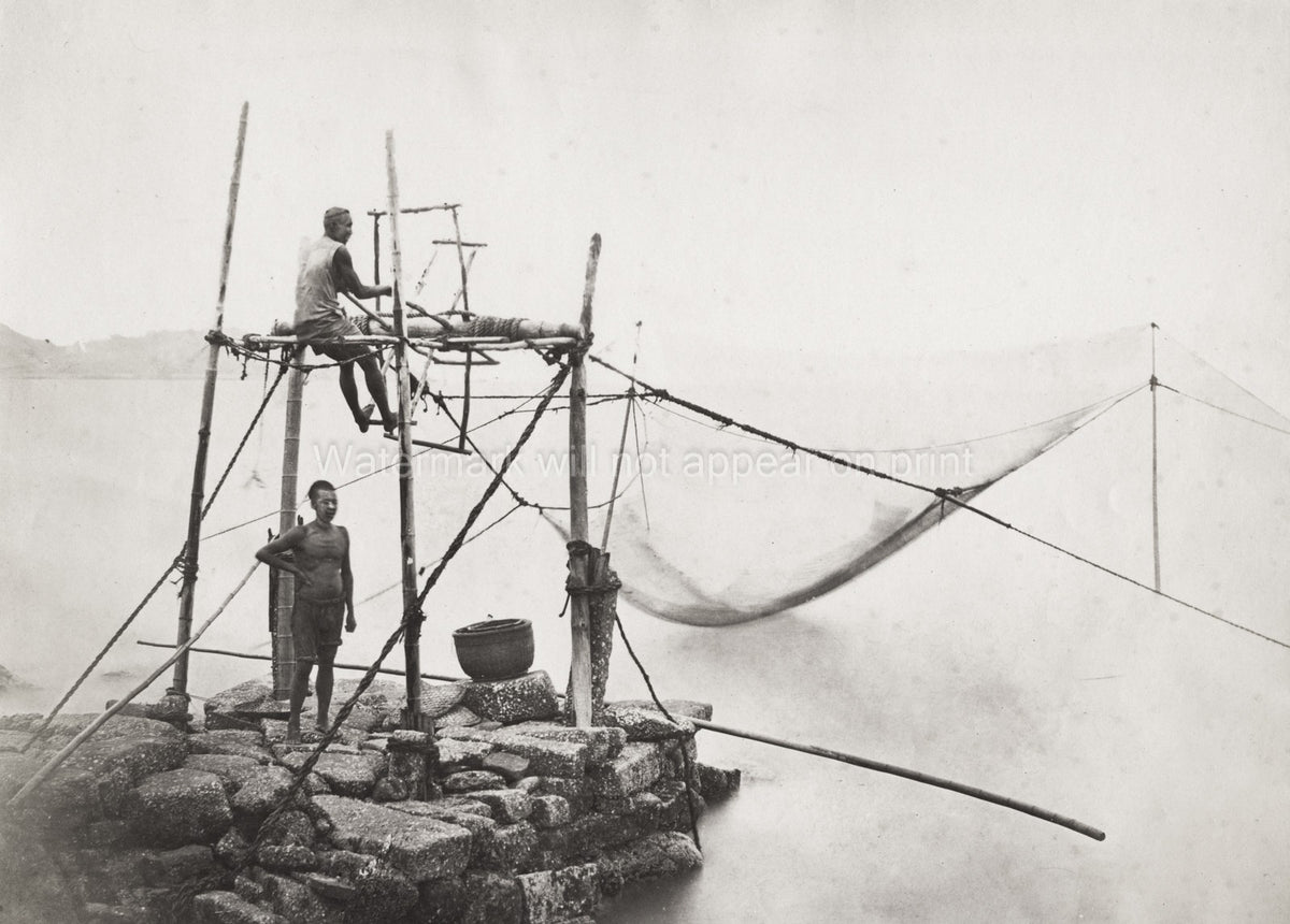 Chinese Fishermen Traditional Fishing Nets Bamboo Structure Vtg. Photo 19thC