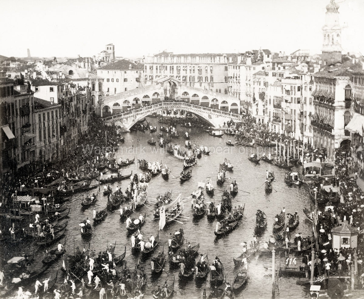 Venice Italy Rialto Bridge Grand Canal Crowded Gondolas Vtg. Photo 19thC.