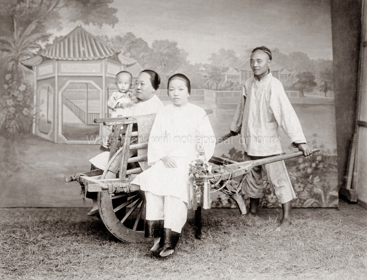 China Women Baby Wheelbarrow Family Portrait Transportation Vtg. Photo 19thC.
